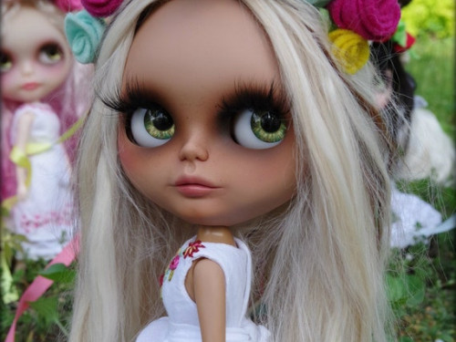 Freya, a Custom OOAK Blythe Doll with Blonde Alpaca Reroot (Custom #91) on Takara Heather Sky Base by Sandra Coe for Motor City Dolly by Coedependent